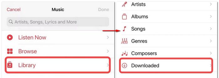 locate apple music downloads on iphone