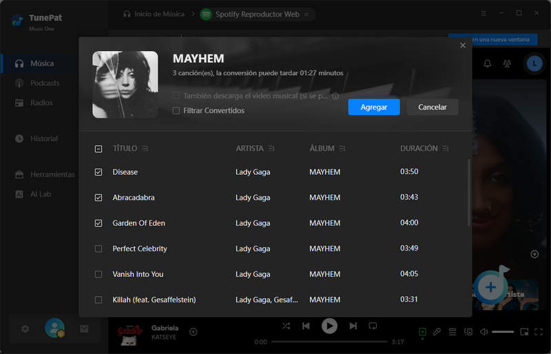 agregar canciones de Spotify a Music One