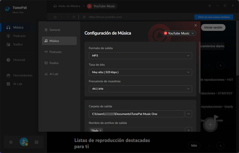 finalizar la configuración de tunepat music one