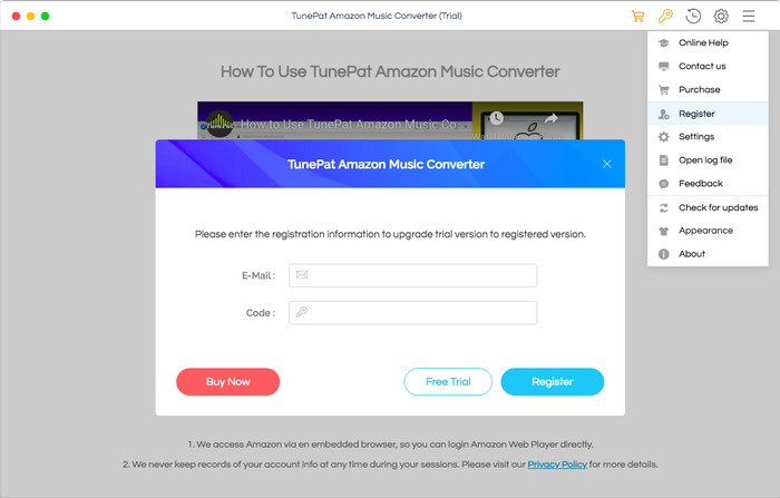 Register TunePat Amazon Music Converter Mac