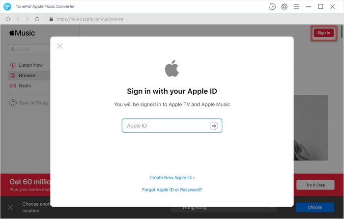 log into Apple id within TunePat