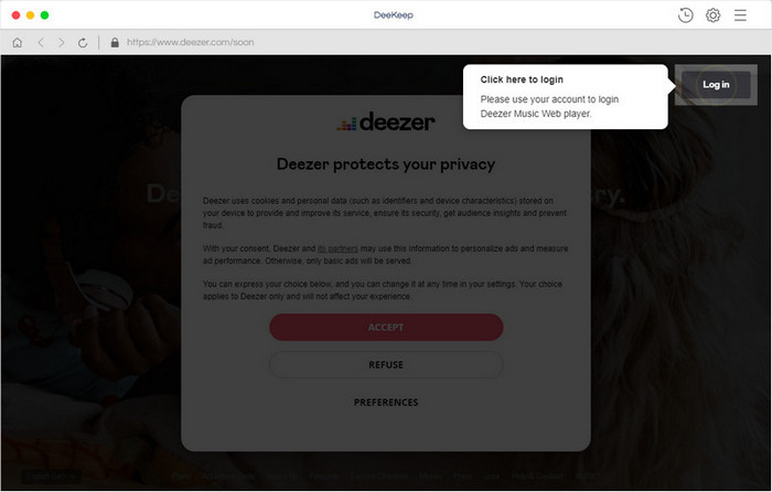 Log into Deezer Music account