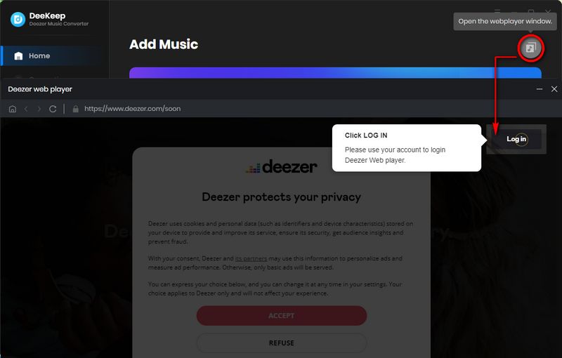 log in to Deezer Music account