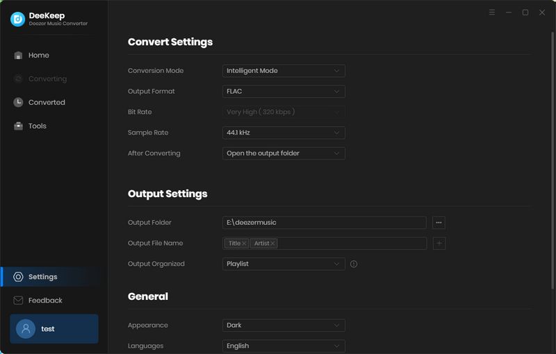 select deezer music output parameters