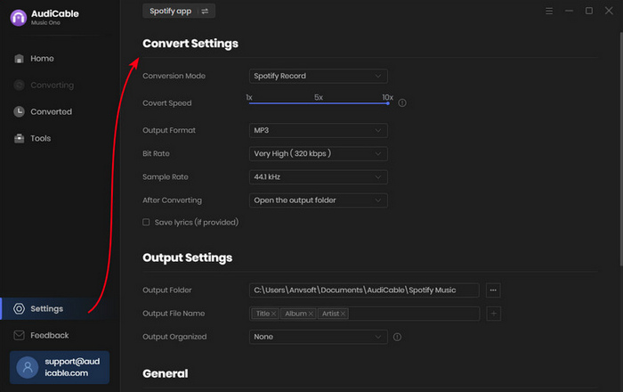 output settings of music
