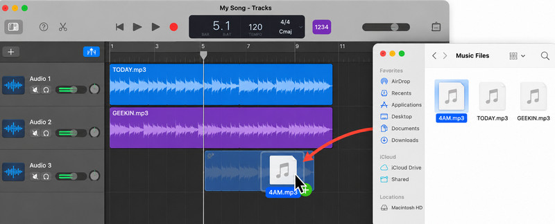 Drag an audio file from Finder into GarageBand on Mac