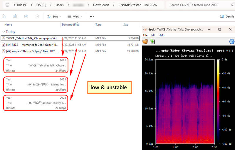 YouTube to MP3 audio quality test result