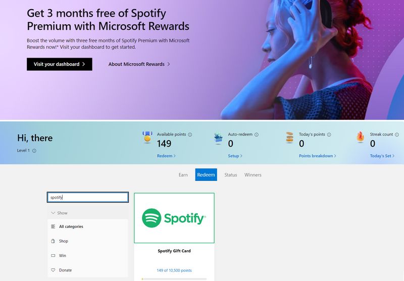 redeem spotify premium via Microsoft Rewards