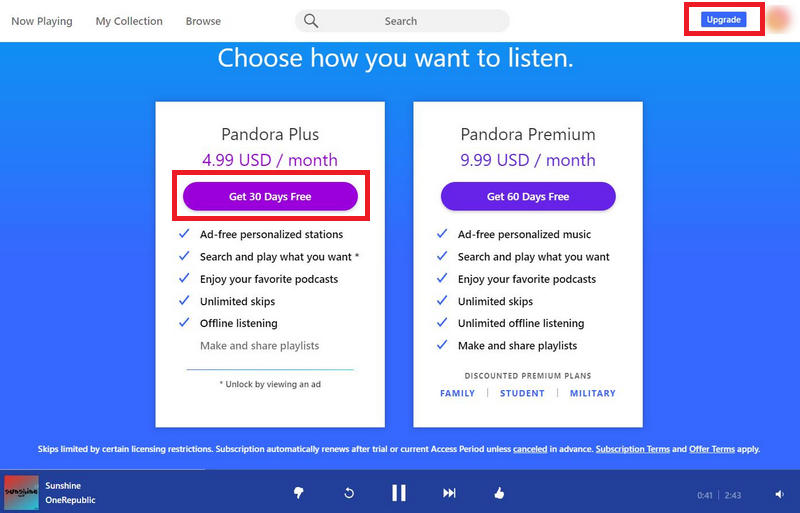 get pandora free trial