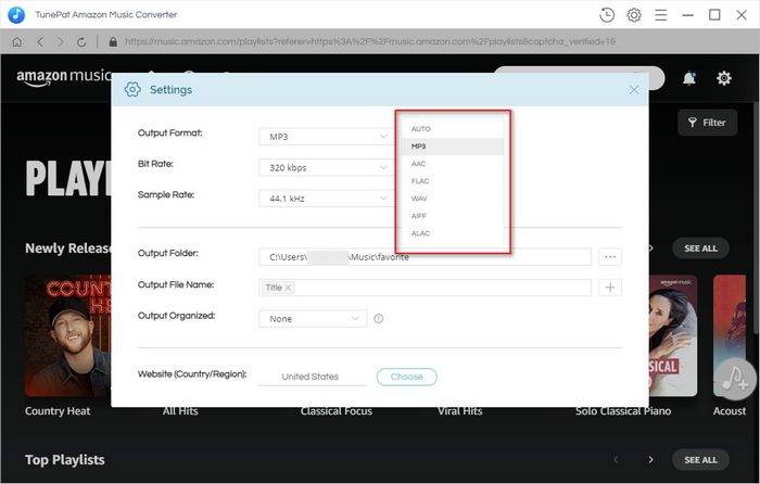 tunepat amazon music converter settings page