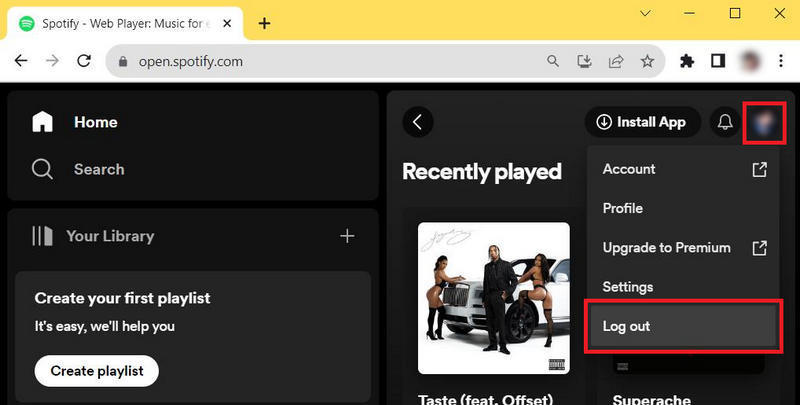 log out of spotify on web player