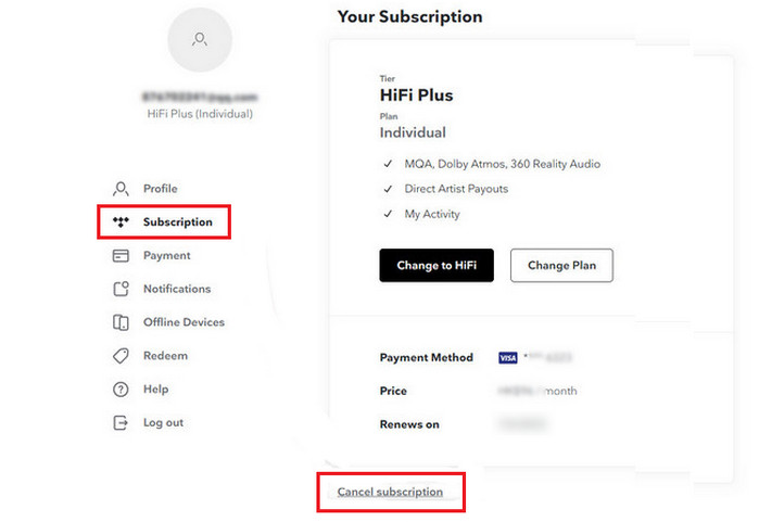 cancel tidal subscription on official website