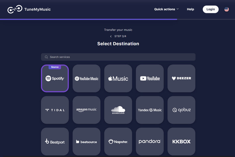 TuneMyMusic select destination