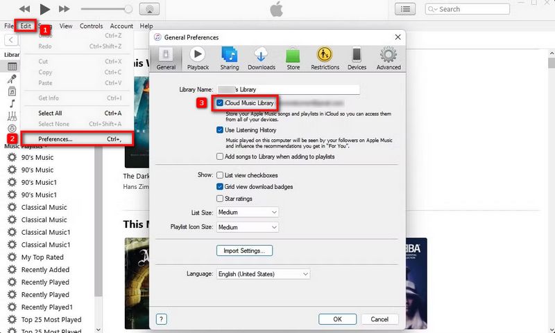 turn off icloud music library on windows pc