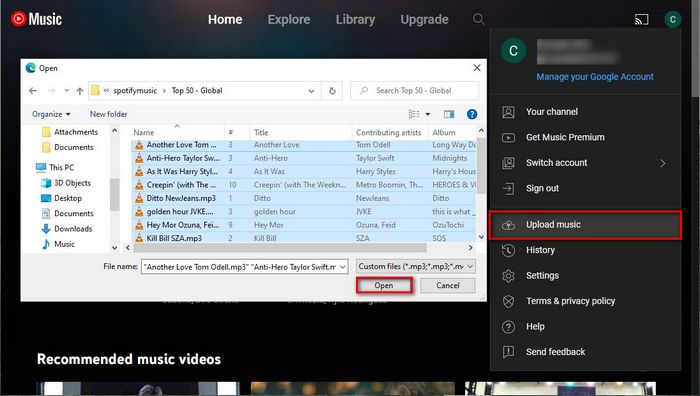 upload spotify songs to youtube music