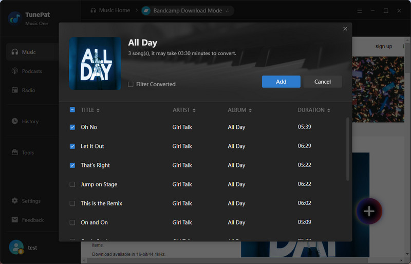 select bandcamp music to convert