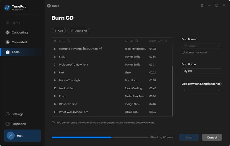 music one burn cd