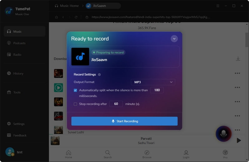 start to record jiosaavn to mp3