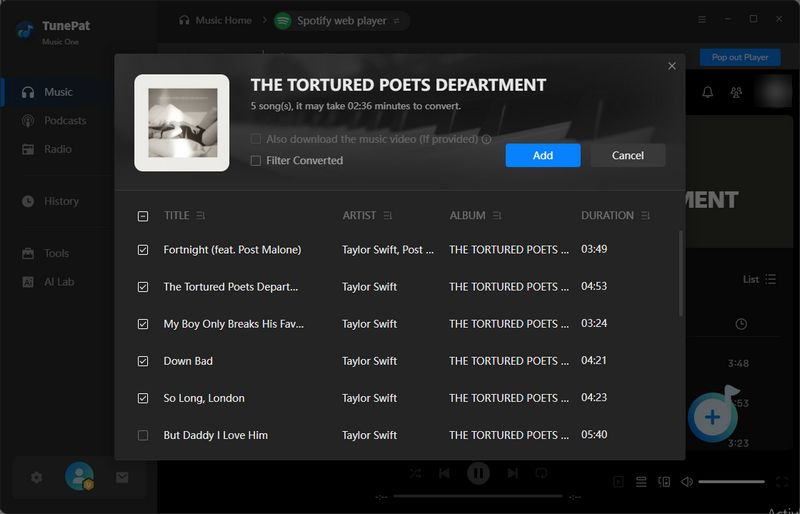add spotify taylor swift songs