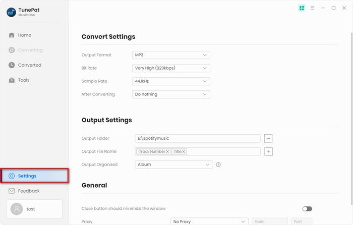 change the output settnigs of TunePat