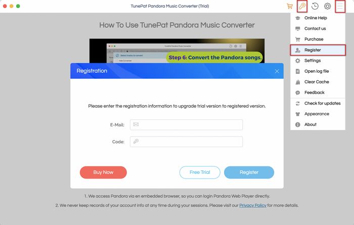Register Tunepat Pandora Music Converter Mac