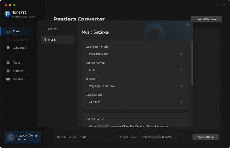 Customize settings of tunepat pandora converter mac