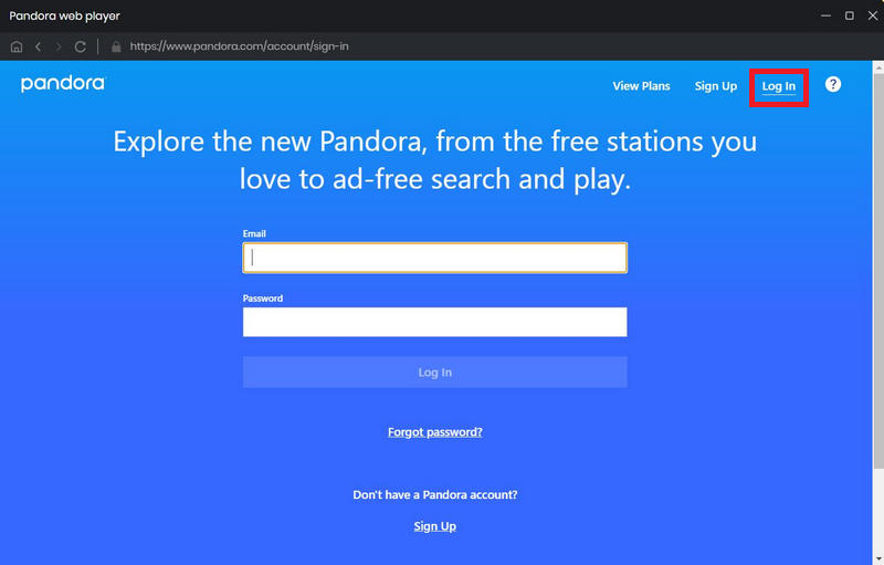 log in to Pandora Music web player
