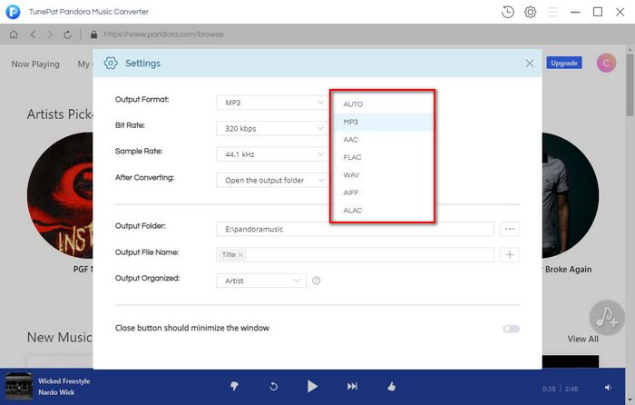 tunepat pandora music converter settings