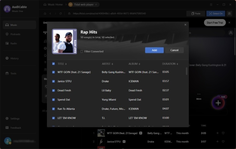 add tidal songs