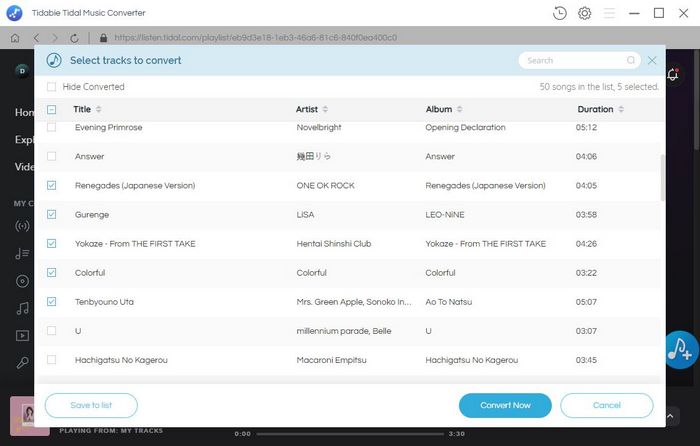 select tidal songs to convert