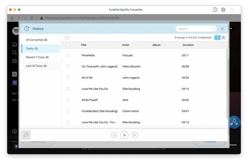 tunepat spotify converter conversion history