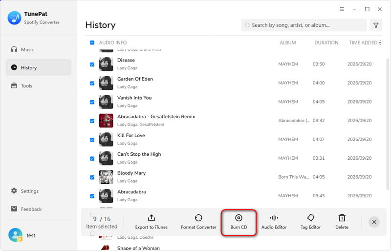 choose the downloaded spotify music to burn to cd