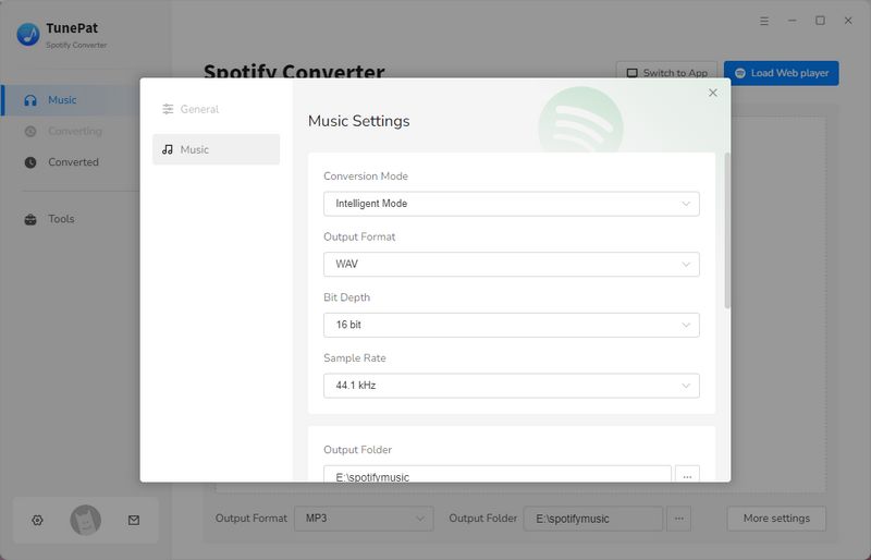 select spotify music output parameters