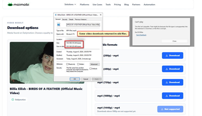 moimobi Dailymotion Video Downloader test result