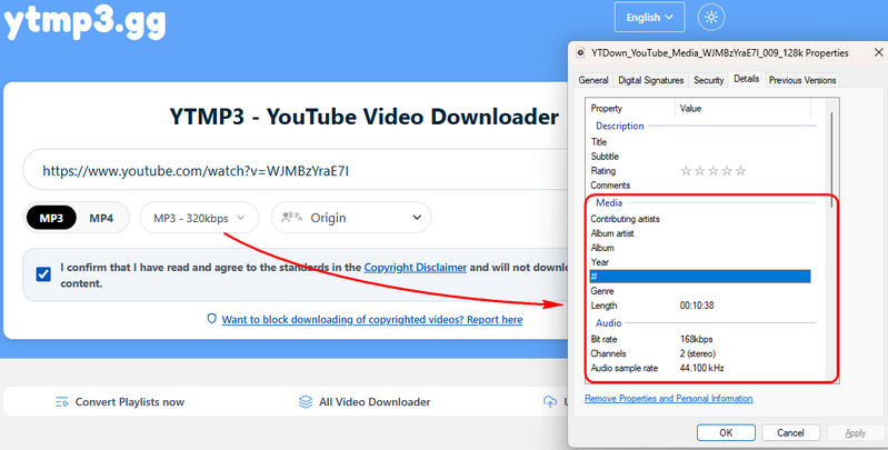 YouTube to MP3 audio quality test result