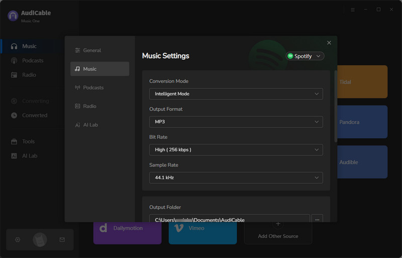output settings of music
