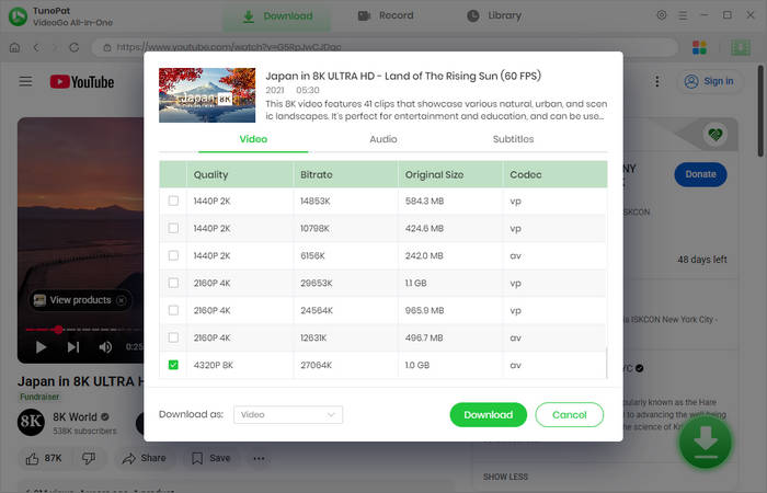 choose youtube video output quality