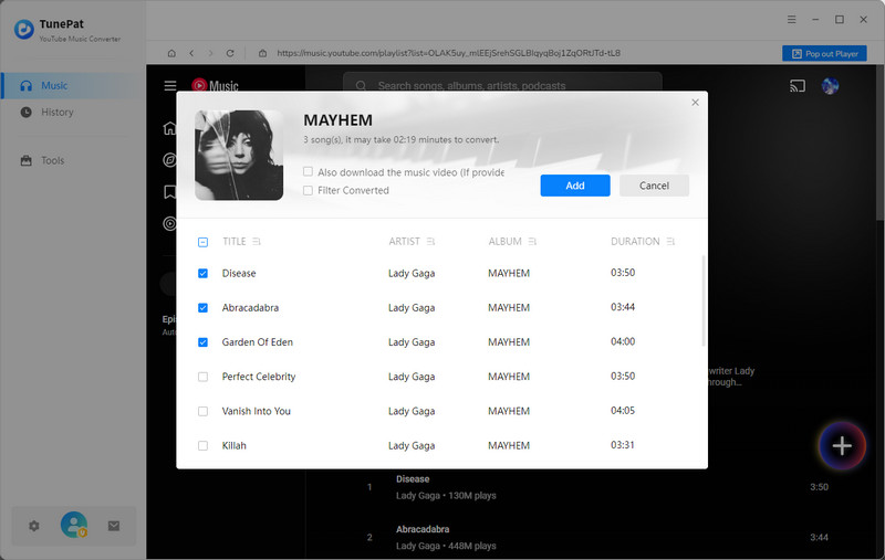 add YouTube music to tunepat