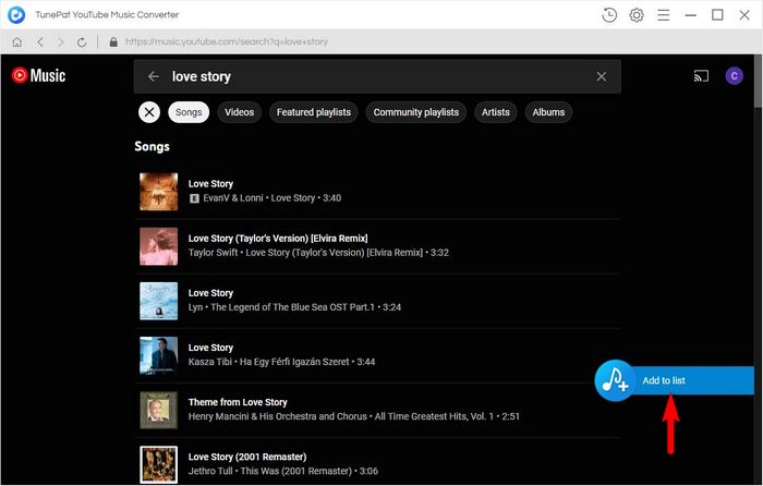 add youtube songs to TunePat to convert and download
