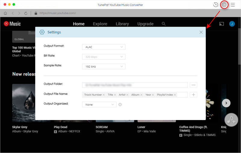 set the output format of youtube music as alac