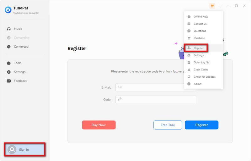 Register TunePat YouTube Music Converter Win