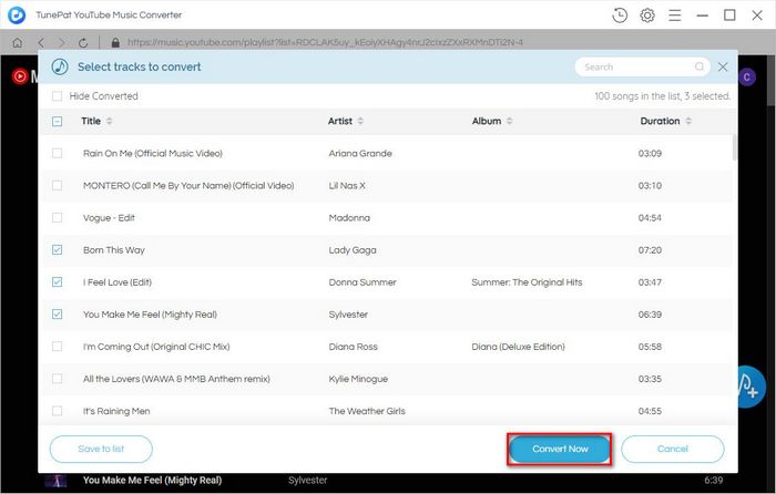 select youtube music to convert