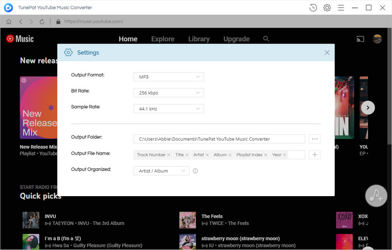 set up youtube music output parameters