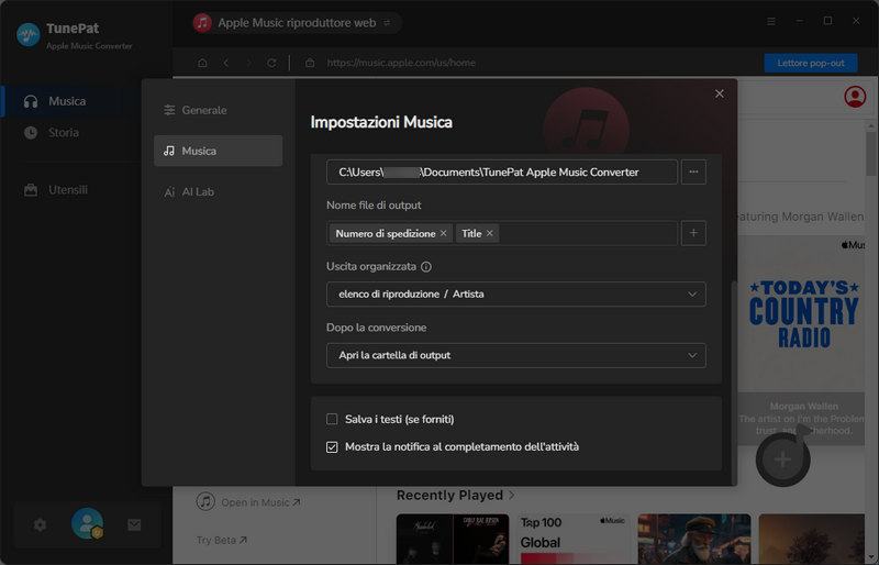Personalizza le impostazioni di output