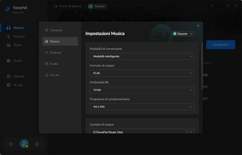 impostazioni TunePat Music One per Deezer