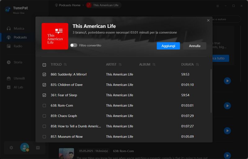 aggiungi podcast da scaricare