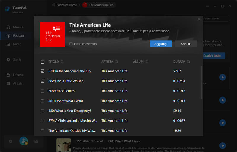 aggiungere podcast da scaricare