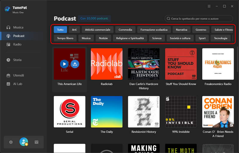 cercare il podcast desiderato