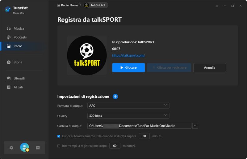 clicca per registrare la radio