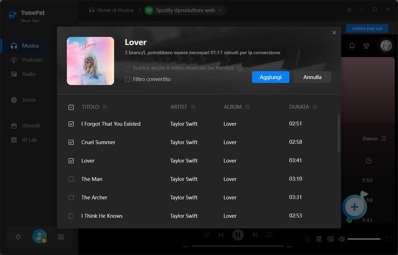 aggiungi canzoni spotify a Music One